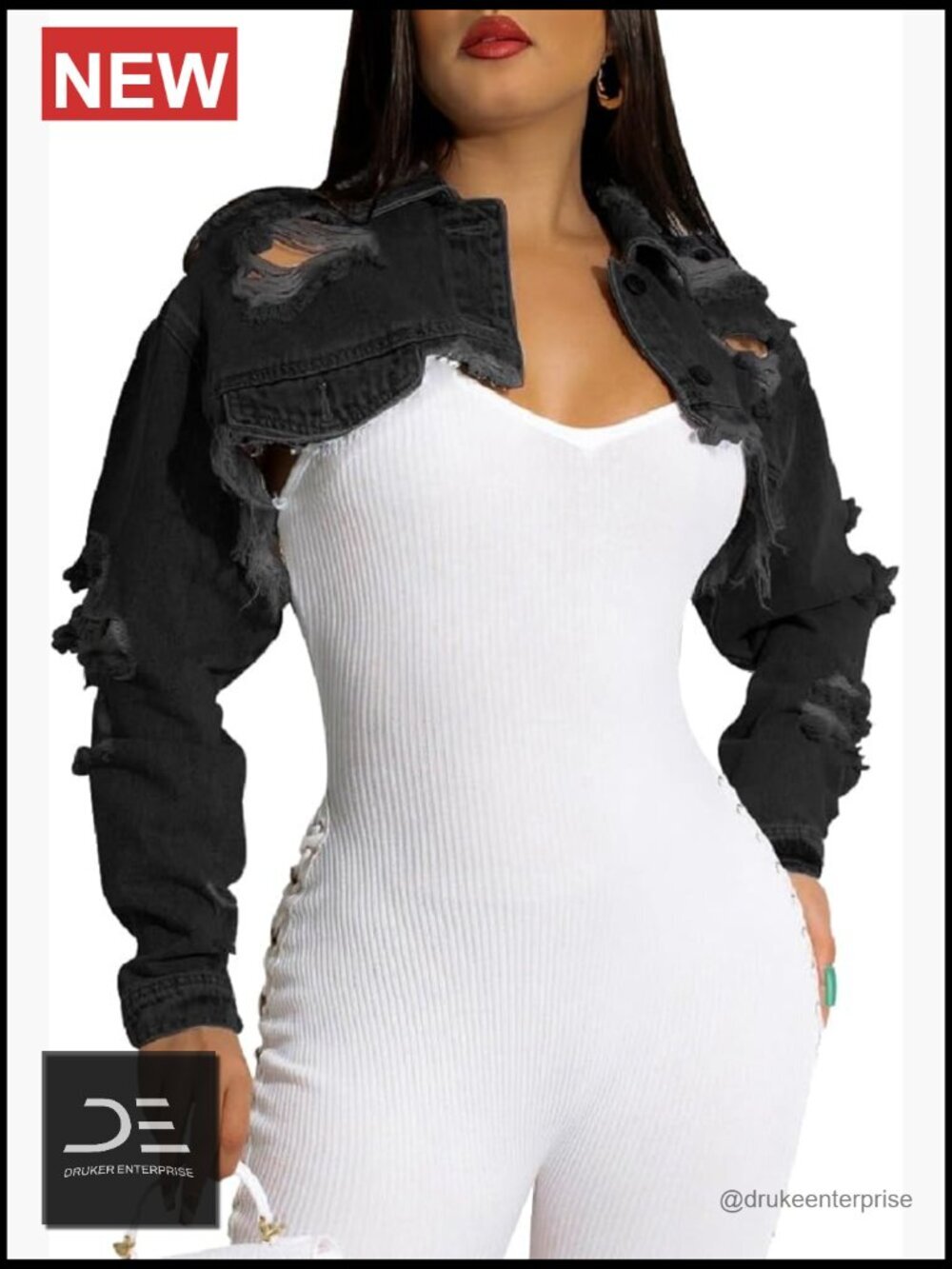 Cropped Denim Jacket Long Sleeve Ripped Destroyed Jean Jacket